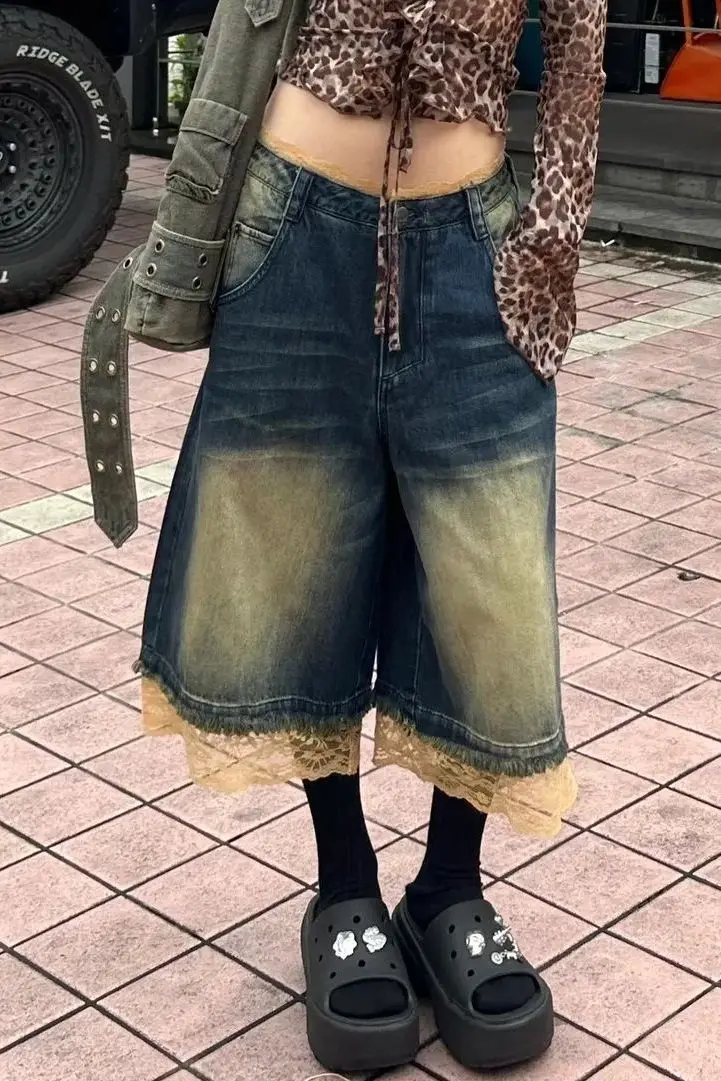 

American Retro Washing Old Lace Spliced Denim Cropped Pants Women Spring Autumn New Street Hot Girls Loose Legs Mid-Pants
