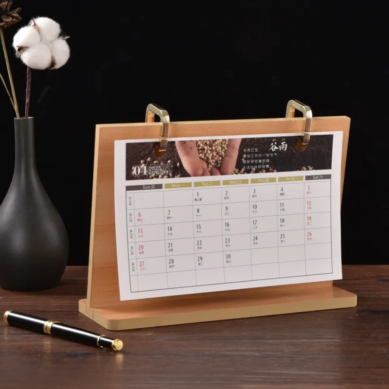 Wooden Desk Calendar Stand 2027 Rustic Nordic Style Office Planner with Solid Wood Frame for Home Desktop Decoration