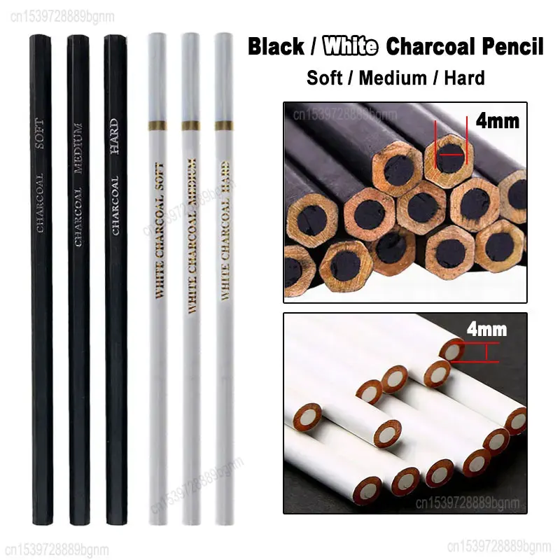 Ensemble de 6 ou 3 crayons à charbon de bois, doux, moyen, dur, 4mm, pour dessin artistique, ombre, surbrillance, traitement des détails