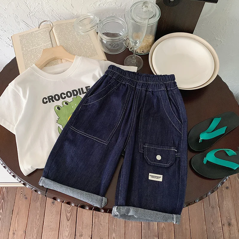 

Childrens Jeans 2025 Summer Korean Loose Denim Kids Baby Boys Five Quarter Pants Stylish Versatile 2-10 Years Boys Mid Pants