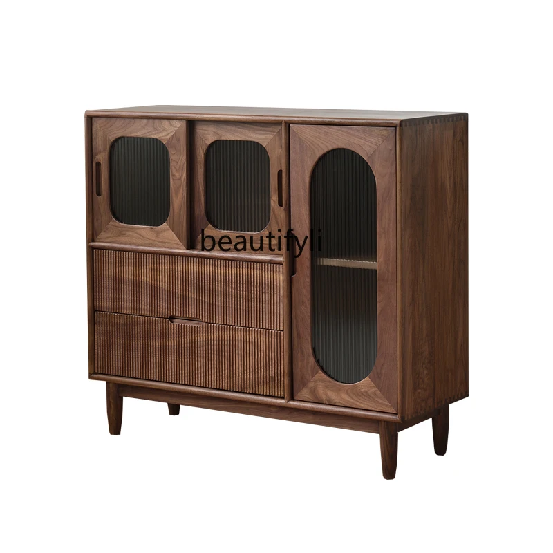 

Black walnut dining side cabinet retro all solid wood locker Changhong glass wine cabinet entrance