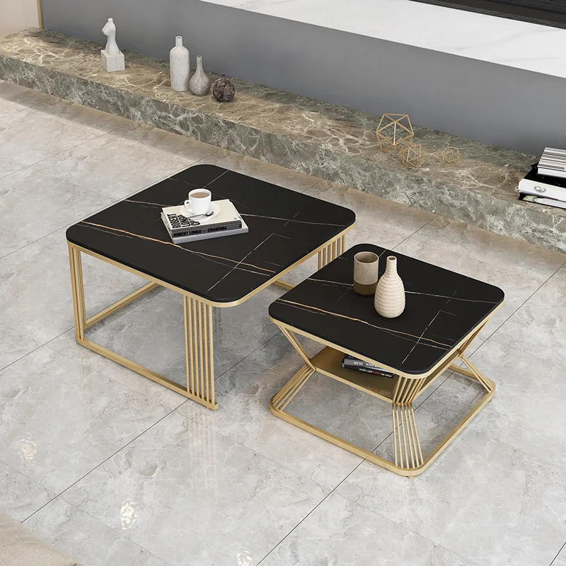 Light luxury square rock slab coffee table combination small apartment living room creative size tea multi-functional simple dou