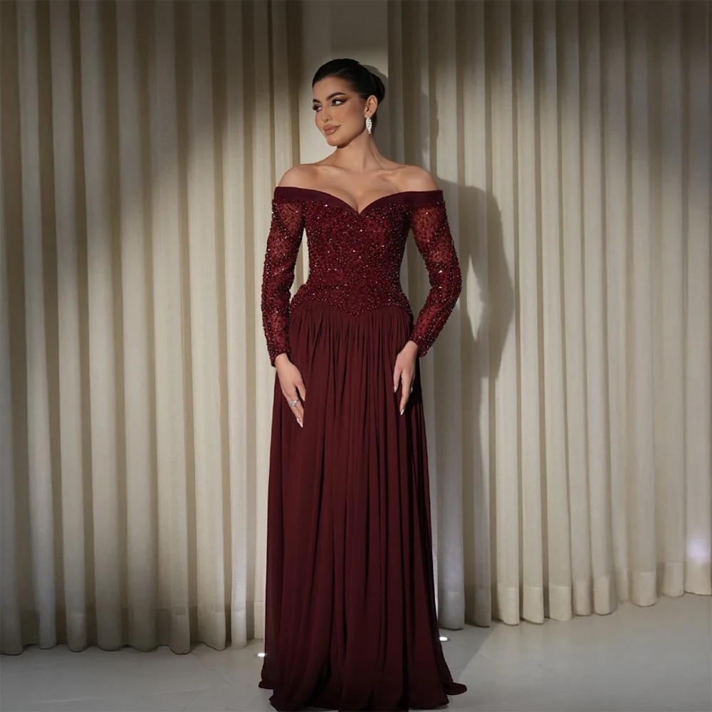 

Burgundy Evening Dresses Sweetheart Long Sleeve A Line Wedding Party Dress Beading Elegant Prom Gown Customized robes de soirée