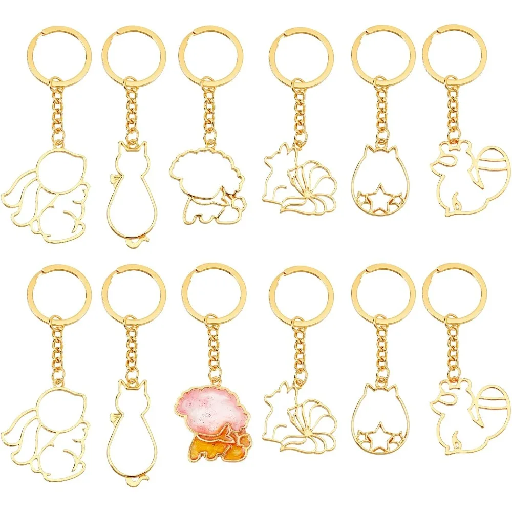 12Pcs Animal Open Bezel Charms with Keychain 6-Style Alloy Frame Pendants Color-Lasting Hollow Squirrel Cat Resin Frames