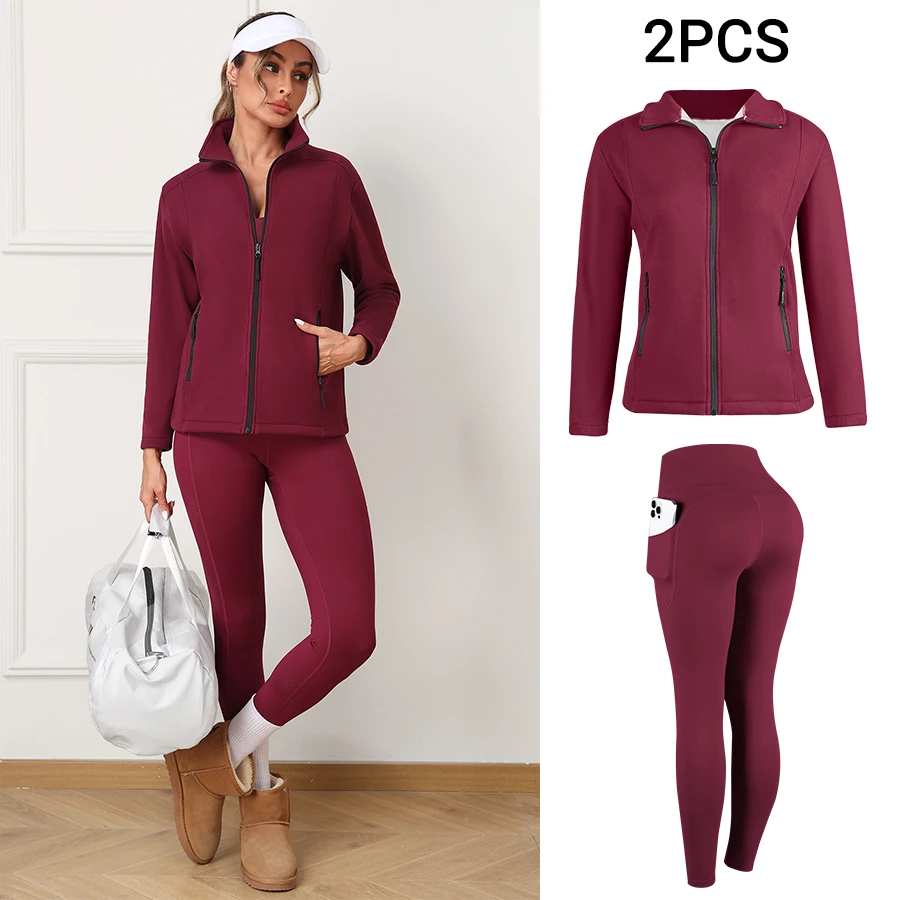 

Женский осенне-зимний комплект для йоги с карманами, спортивный комплект из 2 предметов, флисовое пальто для фитнеса, леггинсы для тренировок с подтяжкой ягодиц без флисовой подкладки