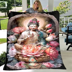 Buddhism Buddha Sakyamuni Guanyin Bodhisattva Plush Blanket,Flannel Blanket Throw Blanket for Living Room Bedroom Bed Sofa Pray