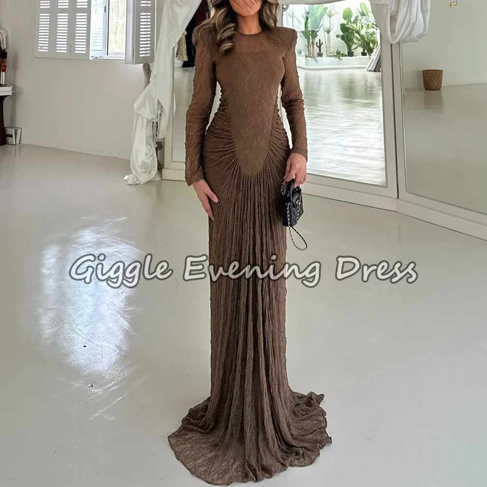 

Fashionable Sexy Round-Neck Long-Sleeved Pleated Long Evening Dress Waist-Cinching Slimming Dinner Parties Formal Dress Customiz
