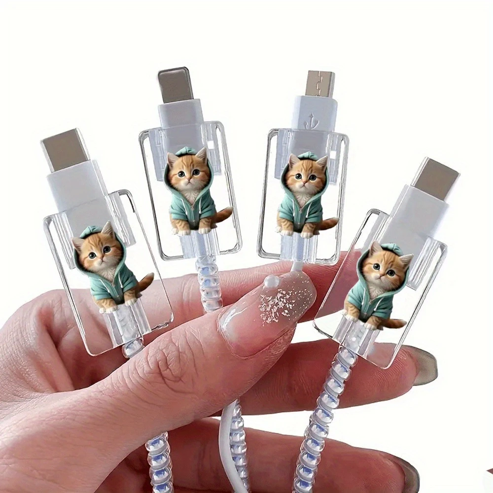4pcs of Cute Cartoon Cat Data Cable Protectors, Damage-Resistant, Type-C Phone Cable Protectors, Beautiful And Durable
