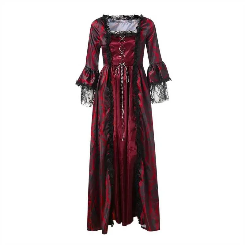 Women's Vintage Dress Medieval Victorian Court Lace Stitching Dress Gothic Long Sleeve Dress Cosplay Party Costume S-5XL