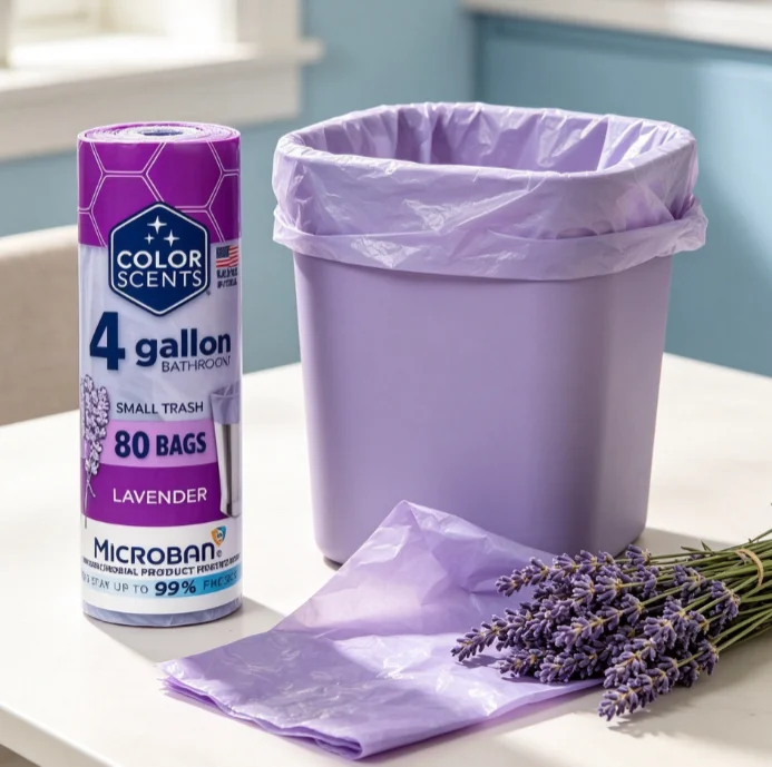 Color Scents 4 Gallon Bathroom Trash Bags Lavender Scent, Microban, Twist Tie, 80 Count