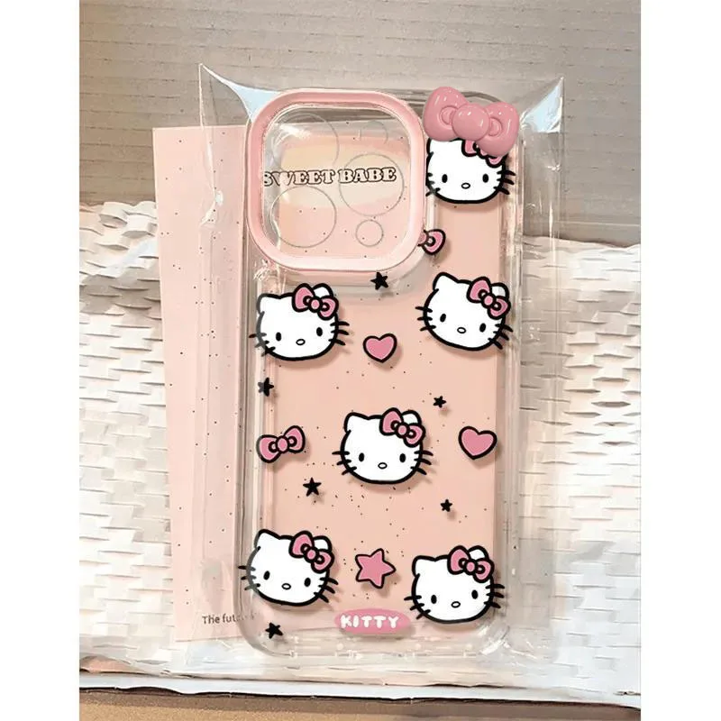 Sanrio Full screen Hello Kitty Cute Bow Phone Case For iPhone 16 15 14 13 11 12 16 Pro Max X XS XR 7 8 Plus Y2K Silicone Shell