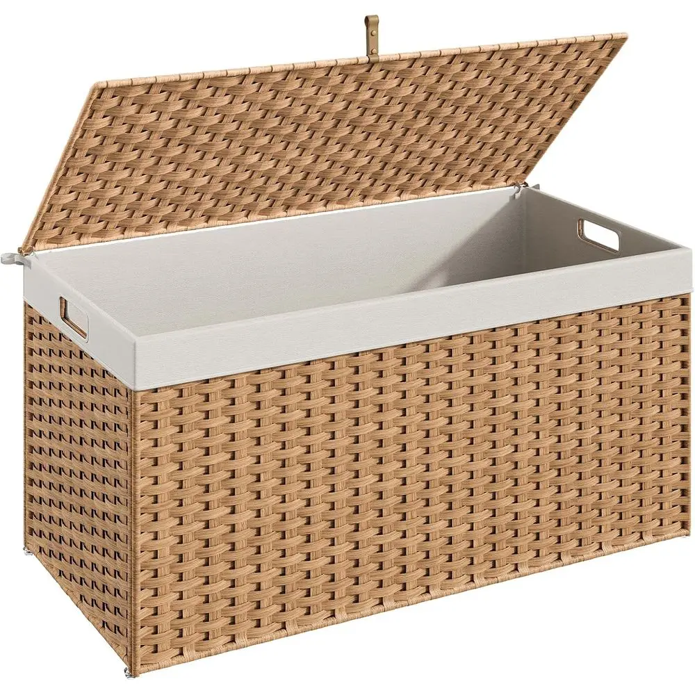 

Корзина для хранения с крышкой, 200 л (52,8 галлона), плетеная корзина ручной работы для хранения одеял, с ручками, металлическим каркасом и мягким дном