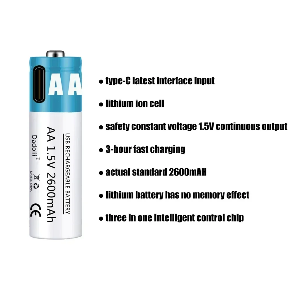 AA Battery 1.5V AA 2600mAh USB rechargeable li-ion battery for remote control mouse small fan Electric toy battery with Cable