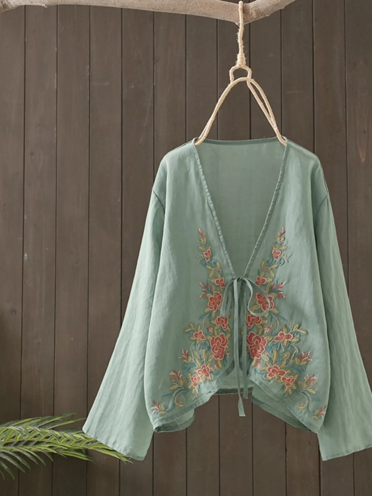 Retro Cotton Linen Embroidered Shirt Women's Spring Summer New Style Belted Sun Protection Short Coat V-neck Nine-point Sleeve