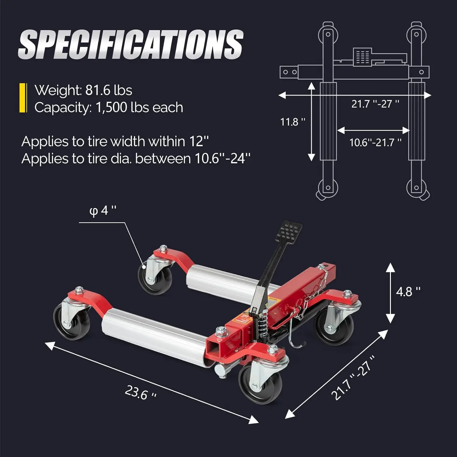 

Car Dolly Jack Set of 4, Hydraulic 1500-lbs Car Skates, 12'' Wheel Vehicle Positioning Jack, Heavy Duty Rollers with Foot Pedal