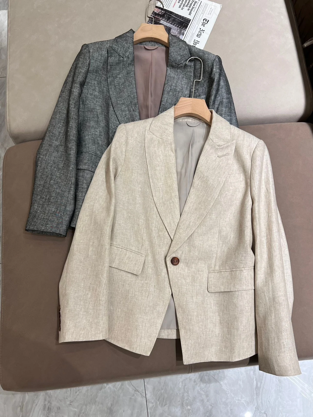 Spring Autumn B*c Women\'s Pants Suit Linen Blazer Jacket + High Waist Straight Wide Leg Trousers Female Clothing