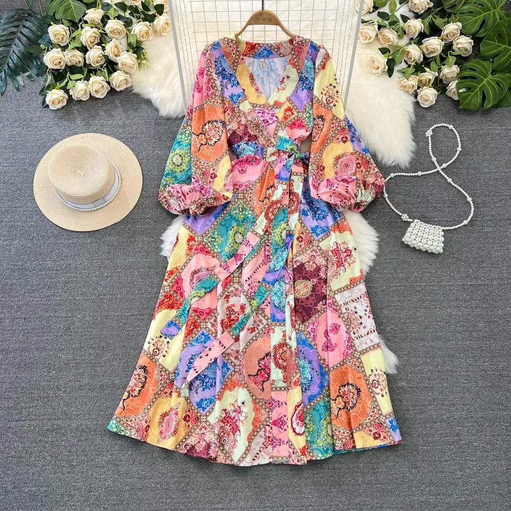 

Женское модельное платье с принтом пейсли, винтажное платье с V-образным вырезом и длинным рукавом-фонариком, длинное платье в стиле бохо с поясом, весна 2024