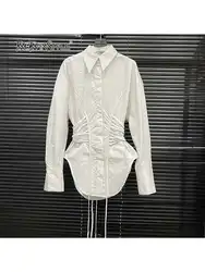 TWOTWINSTYLE Waist Strap Shirt For Women  Fashion Women's Niche Design Solid Color Long Sleeve Shirt Top Female 2024 Autumn New