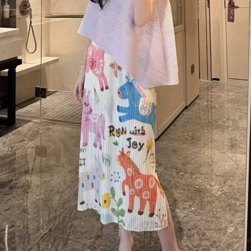 Miyake Pleated Artistic Skirt Plisse 2026 New Casual Pleats Loose Jupe Fold Printed Slim Fit Versatile Half Skirt Women Clothing