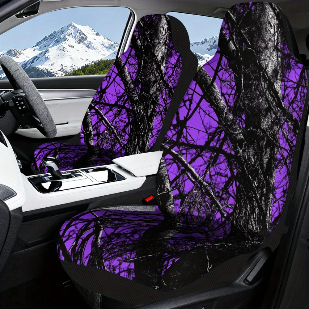 2pcs Car Seat Covers Set, Dark Branches On Purple Print, Fashionable Vehicle Seat Covers. Fits Holiday Hometown Trips, Daily Sh