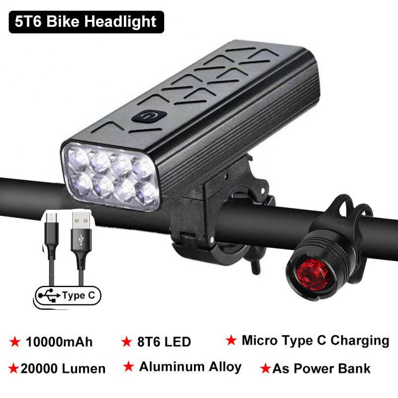 10000mAh Bike Light USB Rechargeable 3000 Lumen Headlight 5T6 LED Flashlight Cycling Front Lights Back Rear light Sets