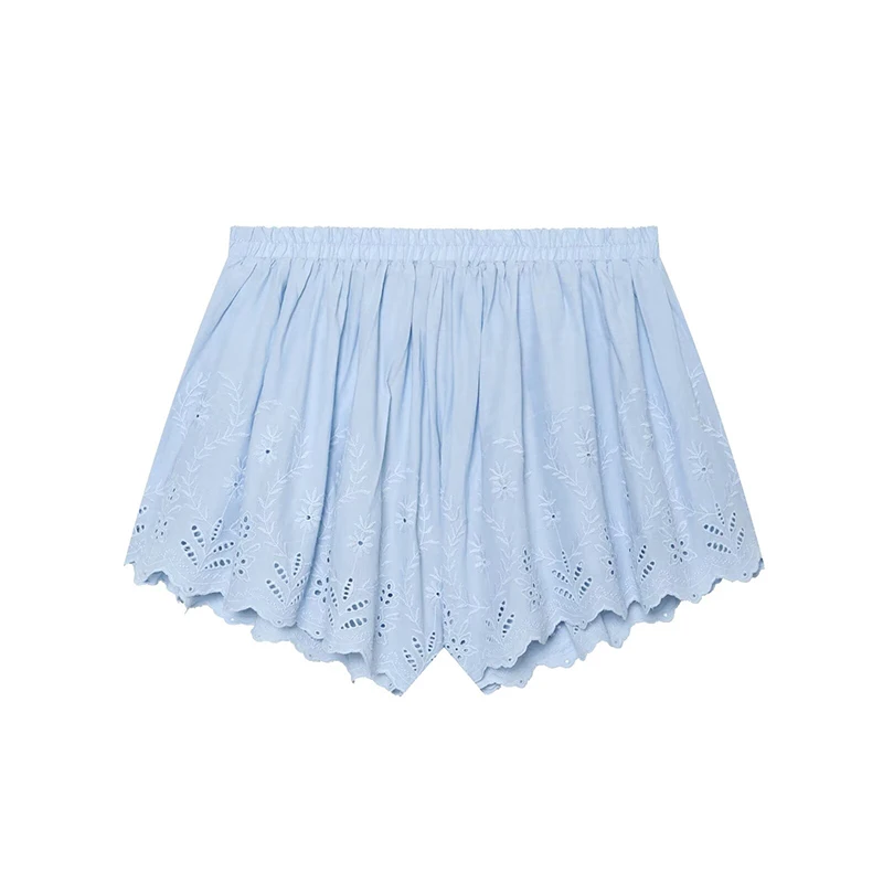 YENKYE Women's Light Blue Floral Embroidery Shorts Elastic Waist Loose Casual Summer Hot Pants Vacation Bottoms