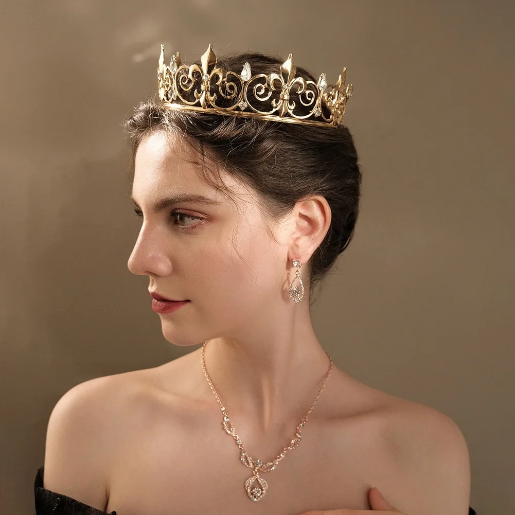 Classic King Hair Jewelry Crown Baroque Full Circle Gold Rhinestone Alloy Crown Men and Women Party Headwear Wedding image 4