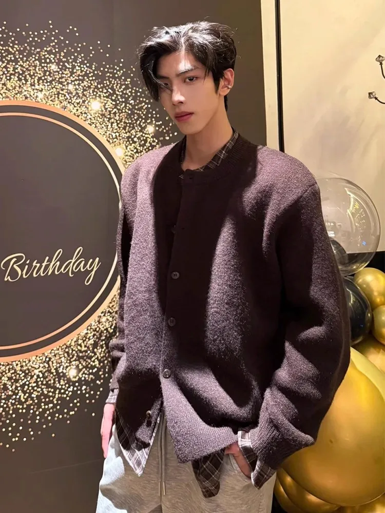 

American Sle Plaid Splicing Sweater Lazy High-End Open Cardigan Men's Autumn Winter Old Money Knitted irt Soft CleanFit