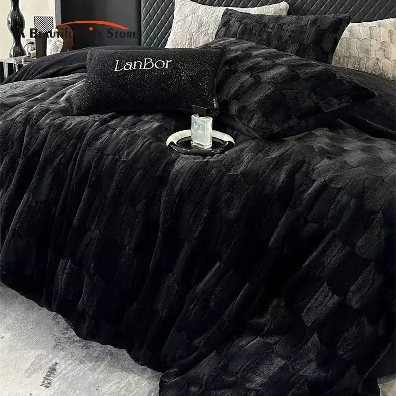 Double Sided Thickened Warm Faux Rabbit Fur Velvet Fleece Bedding Set, Black, Grey, Duvet Cover Set, Bed Sheet, Pillowcases