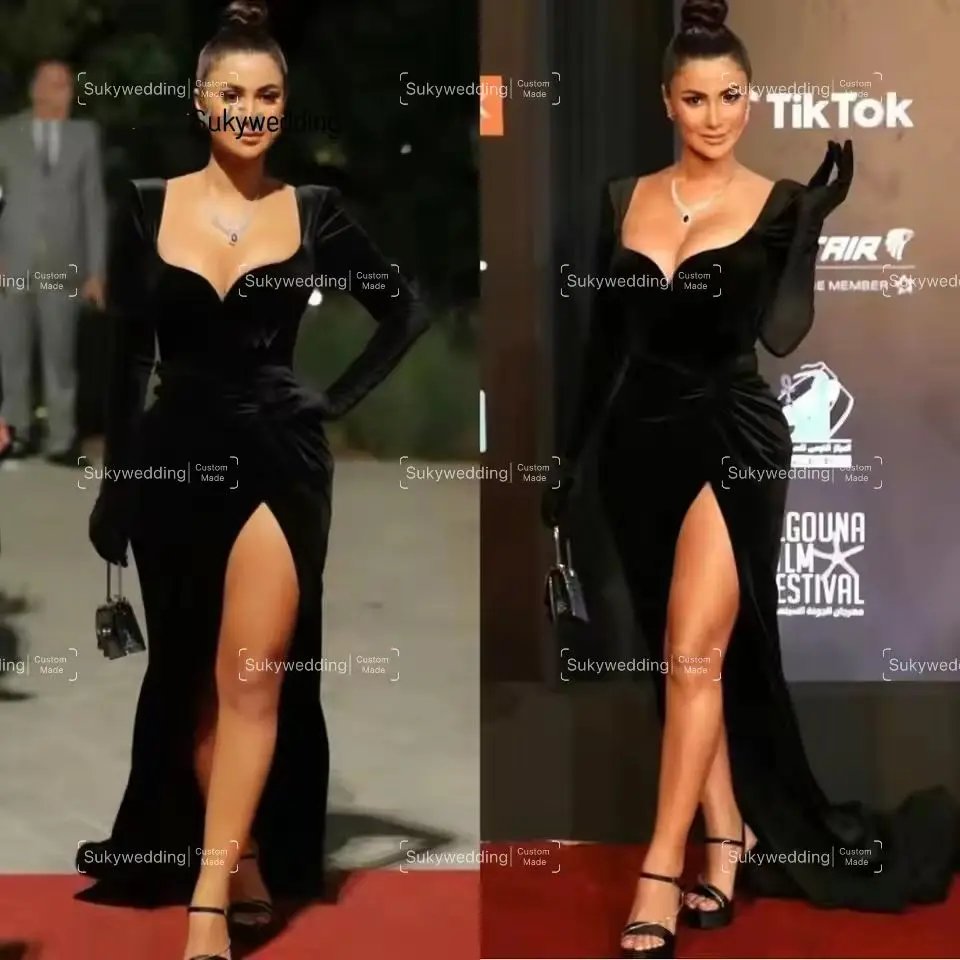 

Black Velvet Mermaid Evening Dresses Long Sleeve Prom Dresses Side Slit Night Party Celebrity Dresses Customized