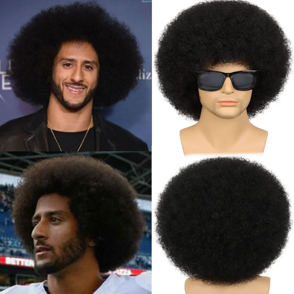 

Synthetic Afro Kinky Curly Wig for Men with Bangs Fluffy Bouncy Puff Style, Natural Looking Costume, Party, Cosplay, Daily Use