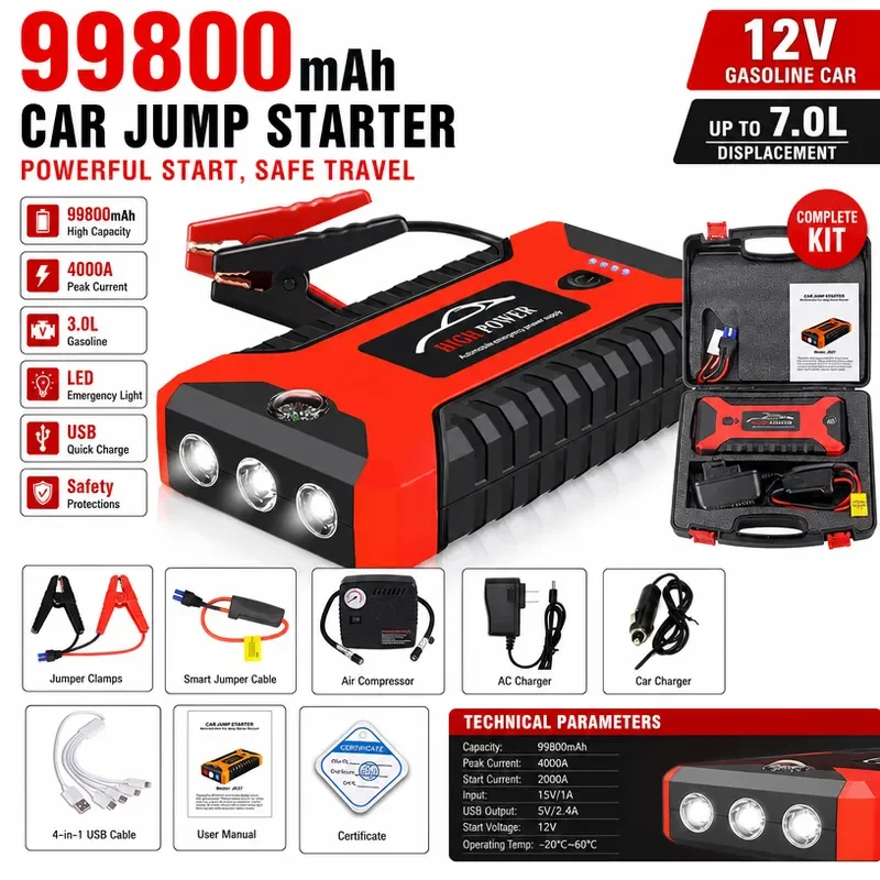 Multifunctional Car Emergency Start Power Supply Large Capacity Starter Battery with 220V Inverter for Vehicle Jump Starting