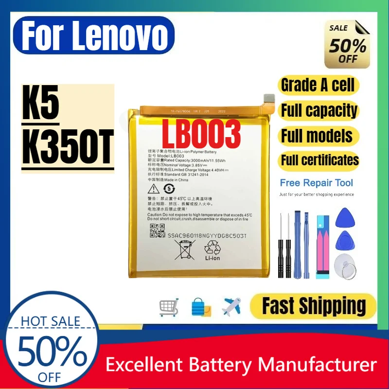 0 Cycle LB003 Battery for Lenovo K5 K350T Phone High Quality Replacement Lithium Polymer Grade A Cell Bateria with Tools