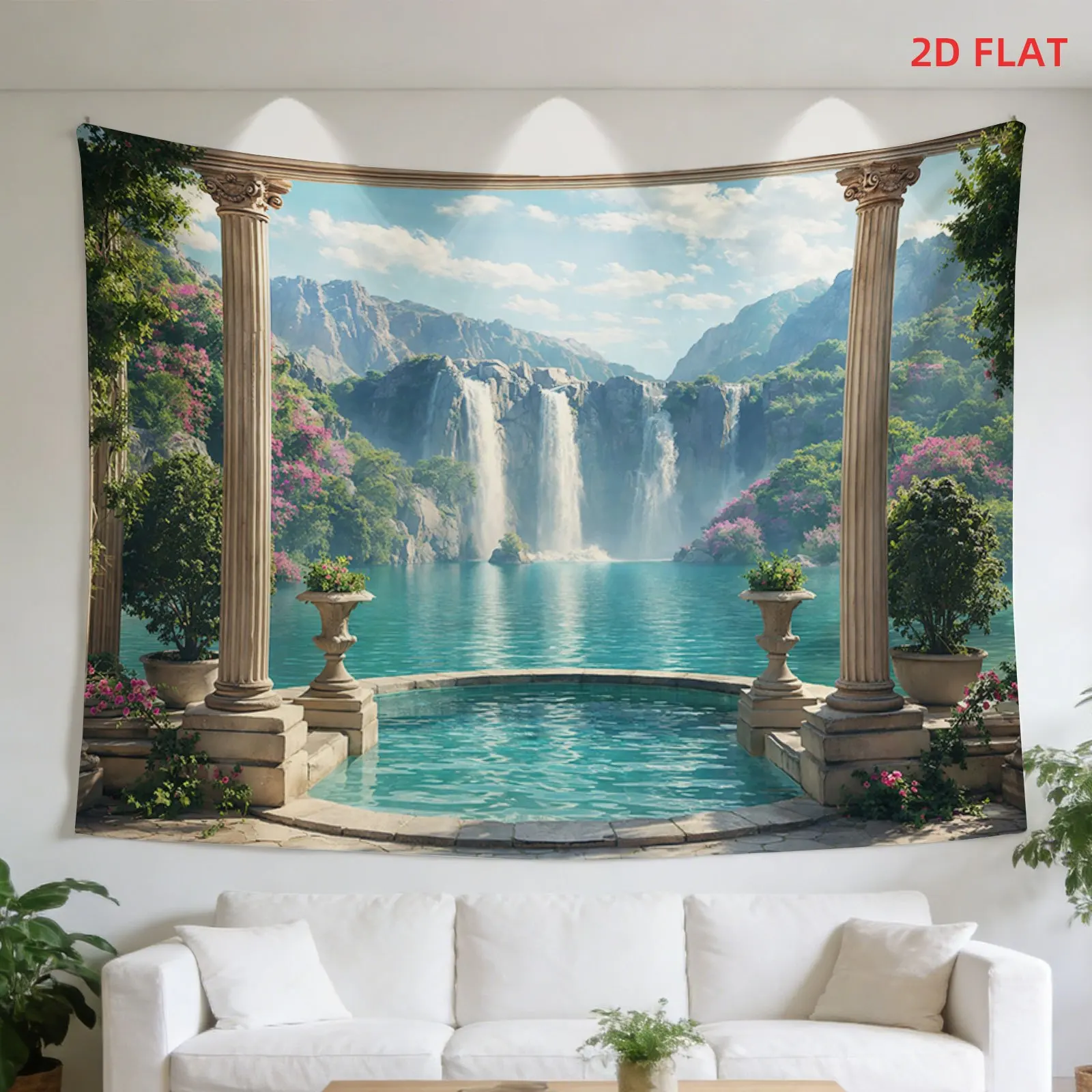Classical Columns Tapestry with Waterfall, Lake and Lush Garden 180x280cm Wall Decor aesthetic room decor
