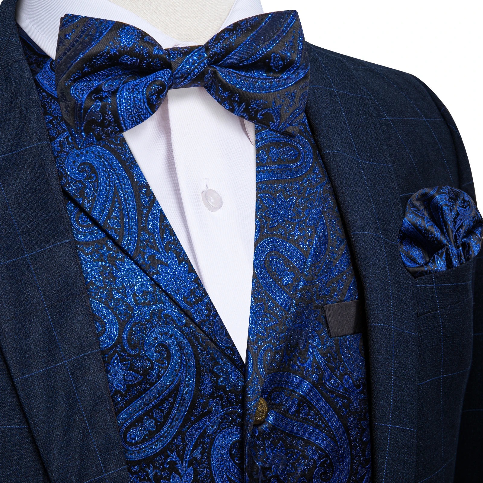 Victorian Business Vest for Man Royal Blue Paisley  Bowtie Pocket Square Cufflinks Set Adjustable Men's Wedding Party Waistcoat