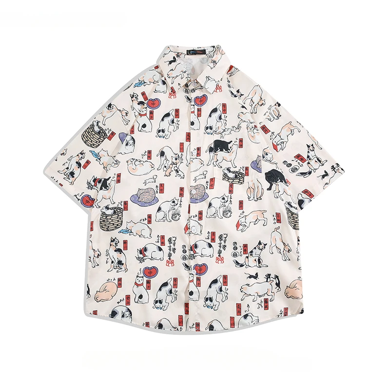 

Men's Youth Japanese Cartoon Print Short-sleeved Shirts Trendy High Street Summer Casual Loose Hip Hop Single-breasted Blouse