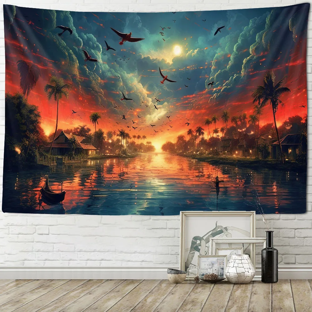 Vintage Fantasy Sea Coconut Tree Fairy Tale Landscape Tapestry - Wall Hanging for Bedroom Living Room Dormitory Decor