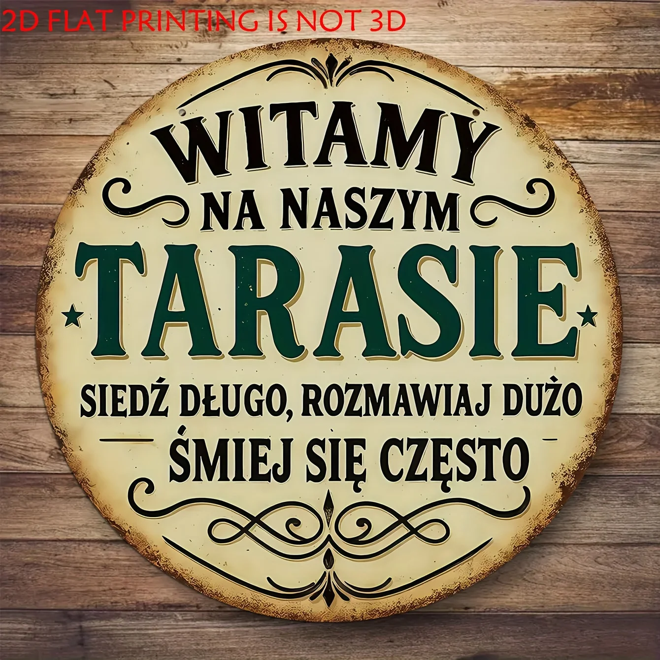 2D Flat, A 2D Flat Printed Vintage Polish Welcome Sign - Rustic Round Plaque with Polish Text, Faux Wood Indoor/Outdoor Decor