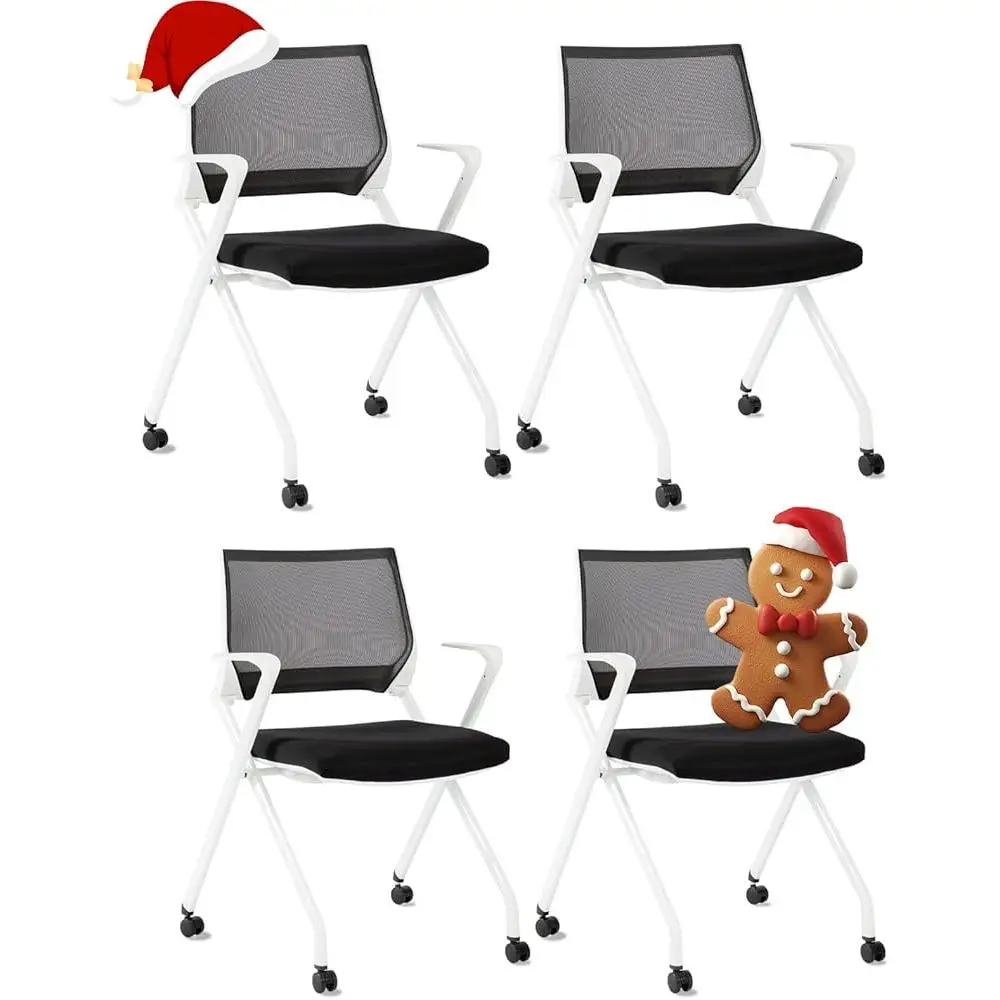 Stackable Foldable Office Chairs Ergonomic Lumbar Support Thick Cushion Mesh Back Reception Seating 4-Pack Portable Conference