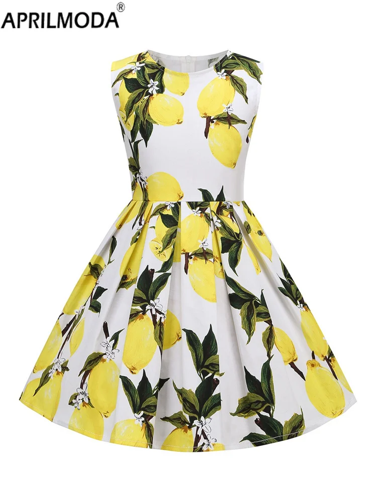 Kawaii Summer Vintage Short Pleated Party Dress for Children Elegant Lemon Dot Print Sleeveless Little Girl 50s 60s Flare Dress