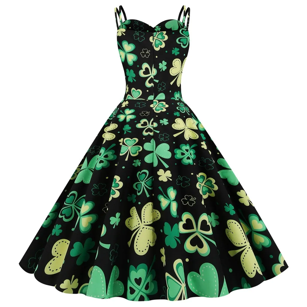 Saint Patricks-vestido con estampado de trébol, traje de baile con correa, Swing grande, para fiesta de noche y graduación