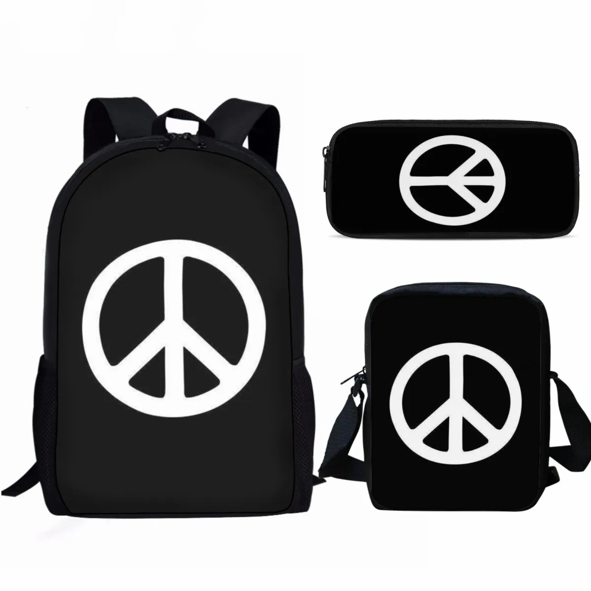 Patrón de paz y amor 3 unids/set bolso escolar para estudiantes con bolsa de almuerzo bolsa de lápices adolescente niñas niños mochila informal de viaje diario