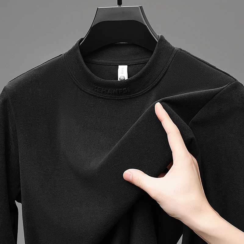 Luxury Man Long-Sleeved T-Shirt Velvet Fleece Pilling-Resistant Mock Neck Printing Winter New Tops Fashion Casual Men's Clothing