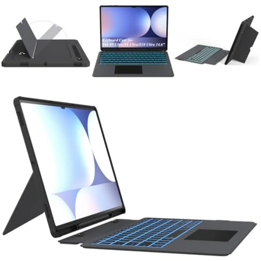 

Keyboard Case for 14.6 inch Samsung Galaxy Tab S10 Ultra/S9 Ultra/S8 Ultra: PU Leather Black 7 Color Backlit Keyboard with Smar