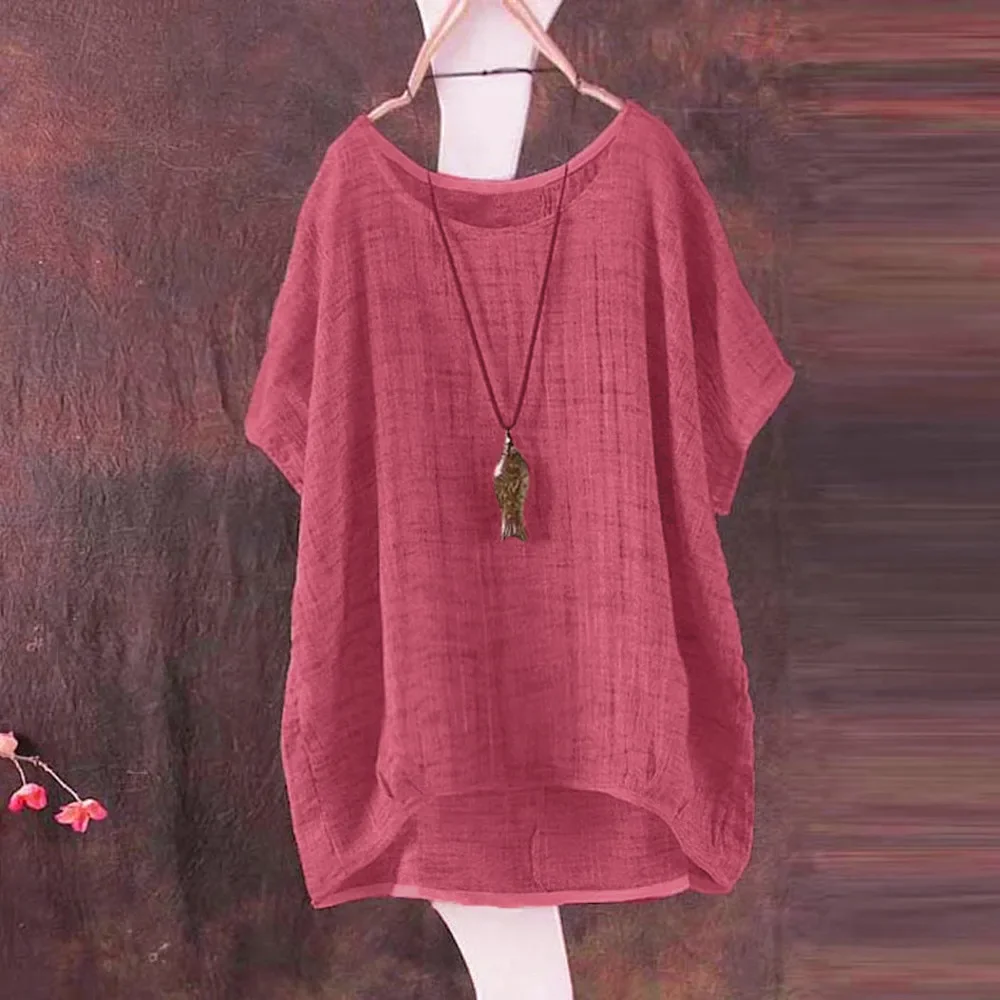 Summer Cotton Linen Blouse Women's Shirt Solid Colour Round Neck Casual Shirt Blouse Loose Versatile Short Sleeve Shirt Blouse