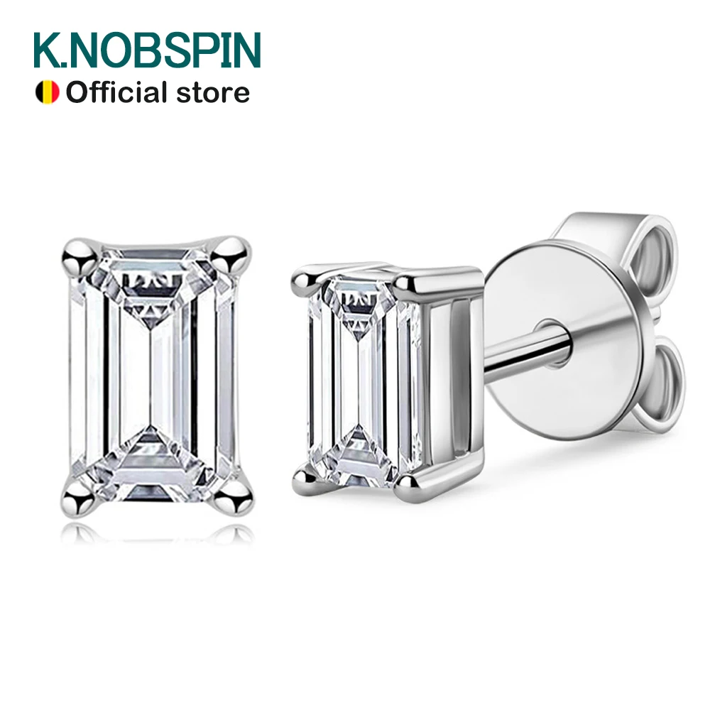 KNOBSPIN D VVS1 szmaragdowy krój Moissanite kolczyki s925 srebro platerowane 18k białym złotem kolczyki dla kobiet biżuterii