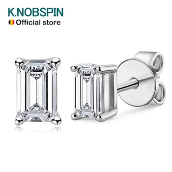 KNOBSPIN D VVS1 에메랄드 컷 모이사나이트 귀걸이, s925 스털링 실버 도금, 18k 화이트 골드 귀걸이, 여성용 파인 주얼리 