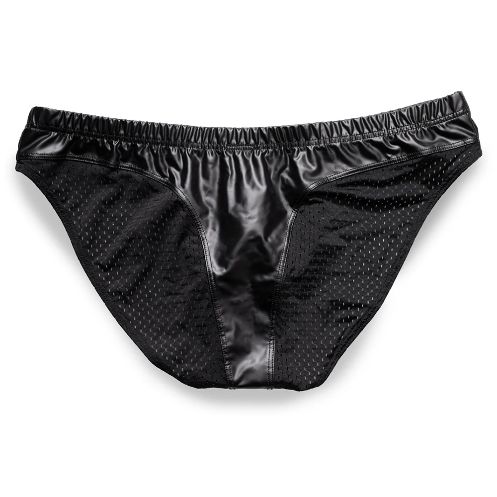 CLEVER-MENMODE Mesh Butt Pu Leather Briefs Sexy Underwear Men Penis Pouch Panties Slips Lingerie Bikini hombre Underpants