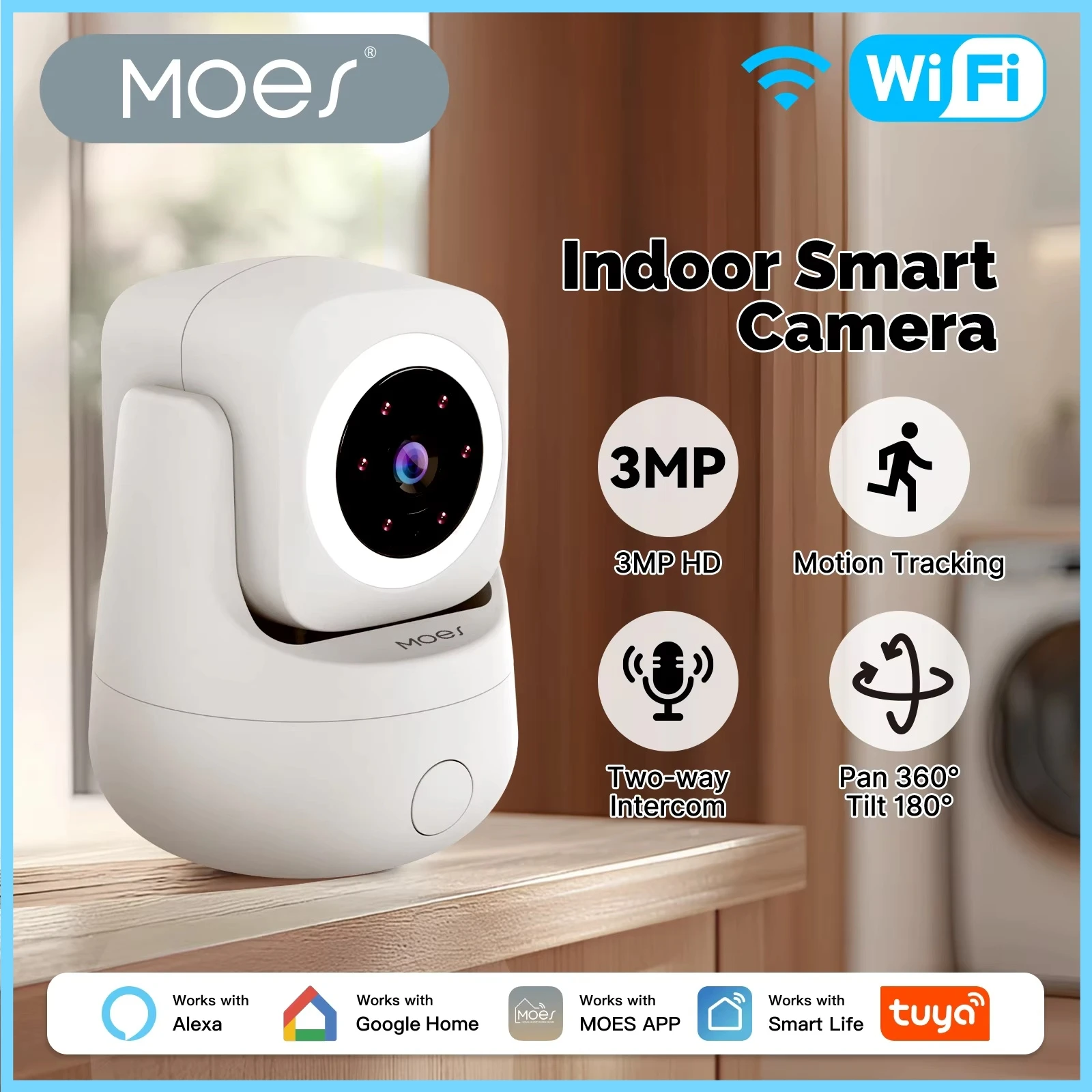 MOES Tuya WiFi Smart Camera Indoor 3MP HD Pan 360° Tilt 180° Home Monitoring Surveillace Works with Alexa Google Home
