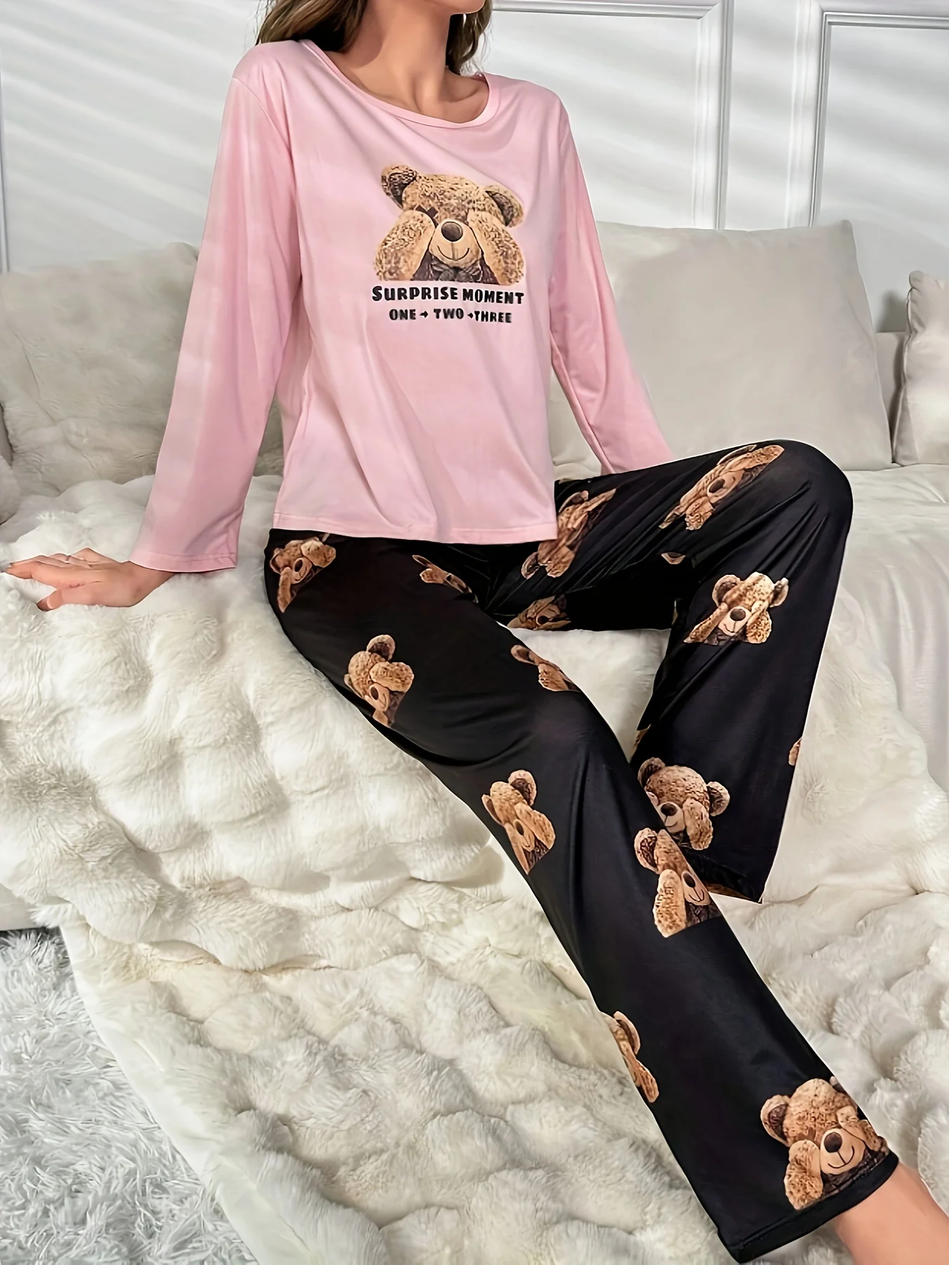 Ladies\' Bear print casual pajama set with long sleeve crew-neck top and pants